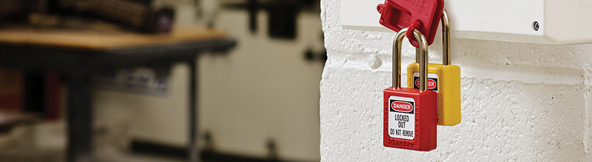 Header image of Master Lock Safety Padlocks Secured to a Circuit Breaker with S430 Lockout Hasps