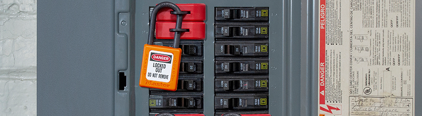 S3821 with 406 Orange Padlock secured to a circuit breaker