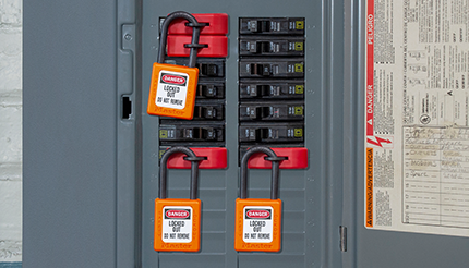 S3821 with 406 Orange Padlock secured to a circuit breaker