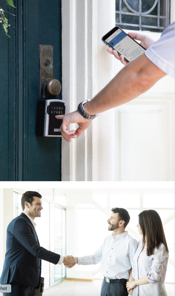 Two up image of a bluetooth lock box and a realtor greeting their clients